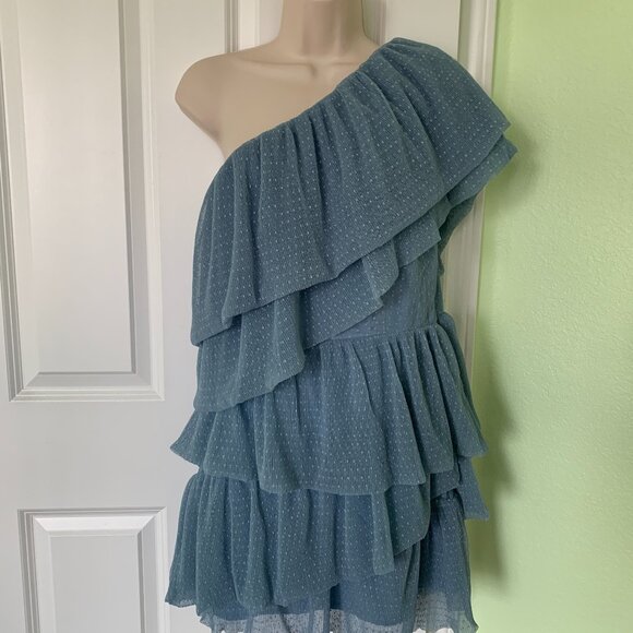 One-Shoulder Blue Ruffle Dress - Picture 2 of 15